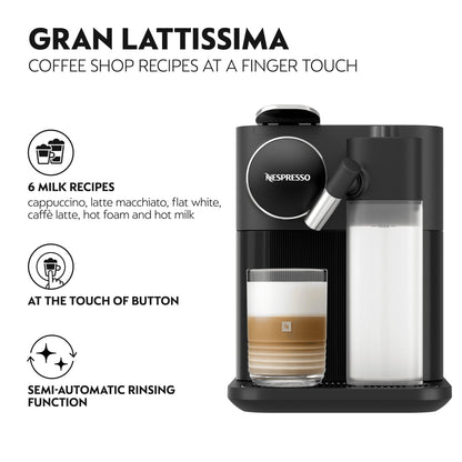 Nespresso Original Gran Lattissima 1400W Pod Coffee Machine Shadow Black EN640.B