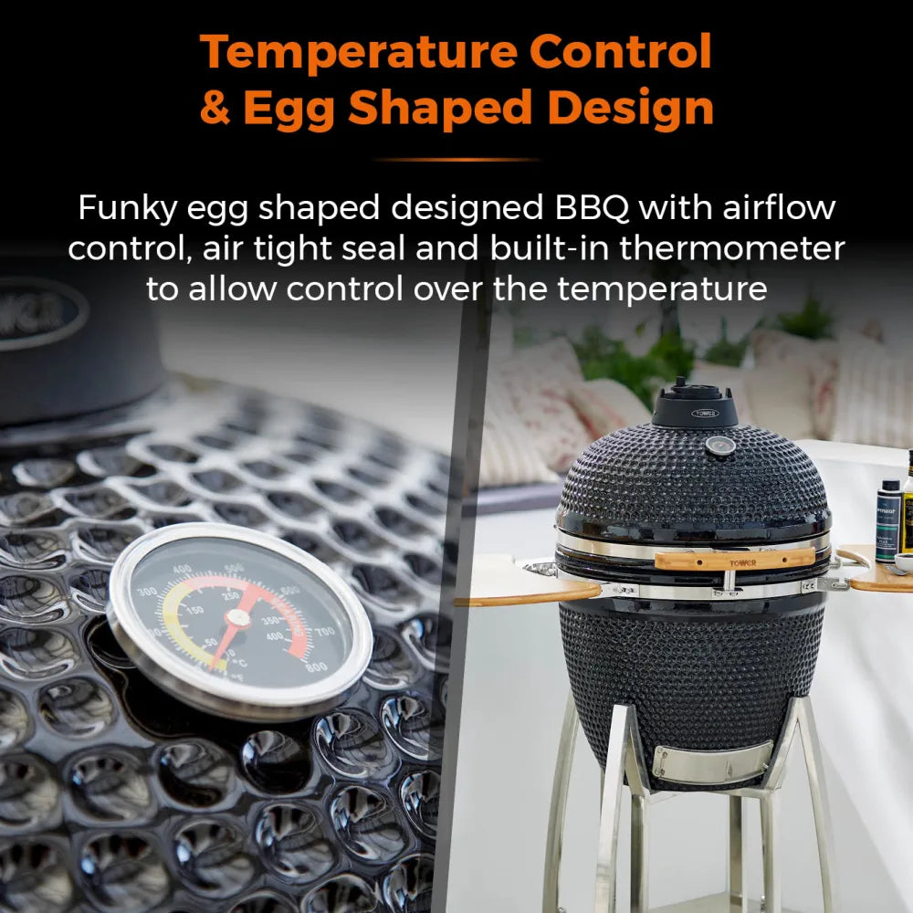 Tower Kamado XL Ceramic Charcoal BBQ with Collapsible Wooden Shelves T978532